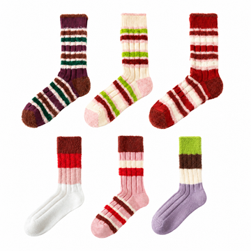 Women’s Striped Fleece-Lined Crew Socks – Thick Warm Winter Cotton Socks
