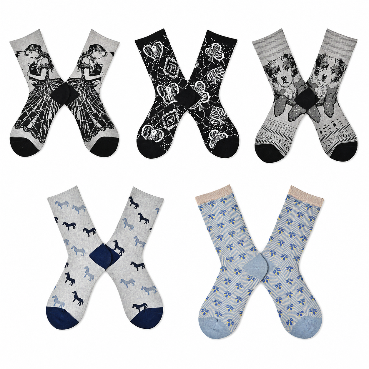 Women’s Vintage Mismatched Silk-Blend Crew Socks – Lightweight Spring Summer A/B Socks