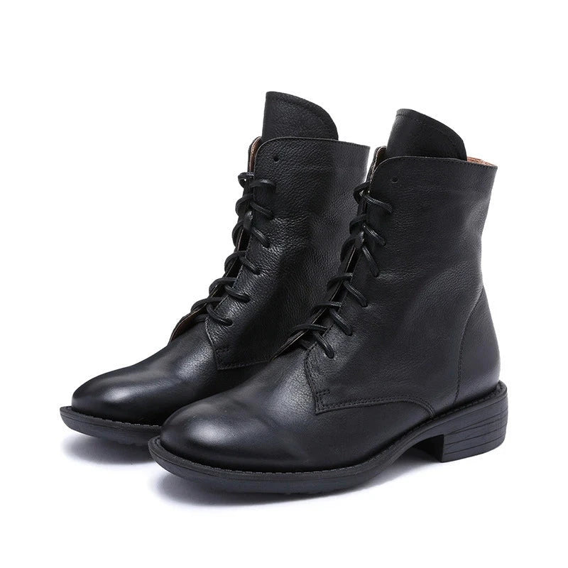 Winter Boots Handmade Genuine Leather Lace-Up Combat Boots Retro Chunky Ankle Boots Black/Coffee