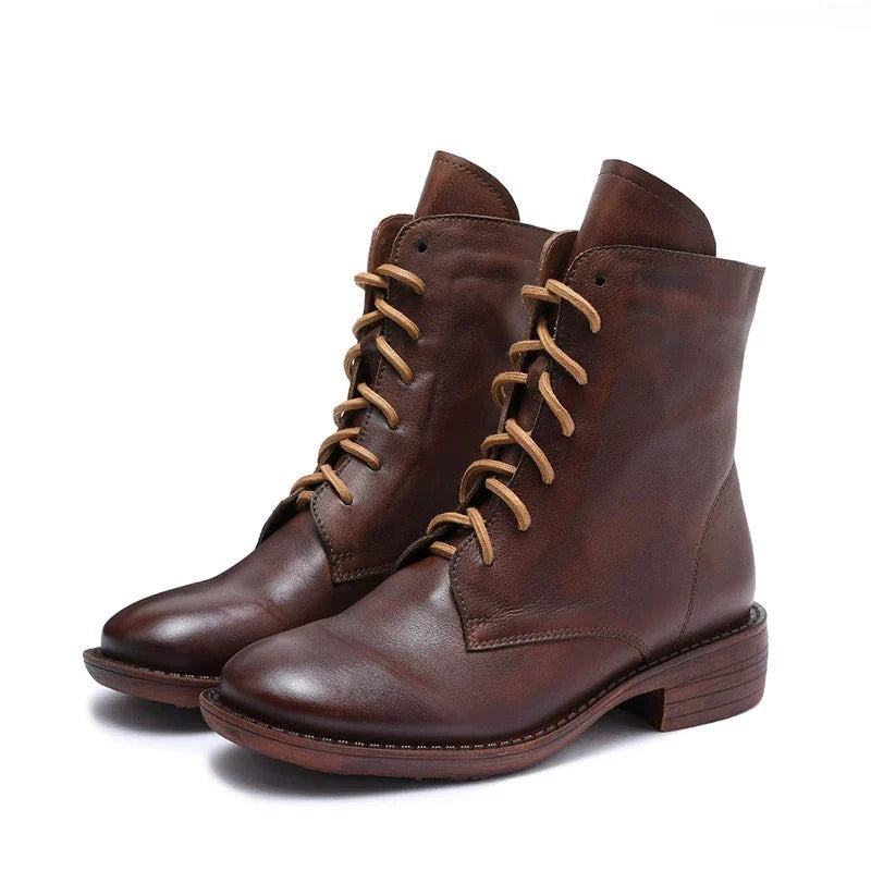 Winter Boots Handmade Genuine Leather Lace-Up Combat Boots Retro Chunky Ankle Boots Black/Coffee