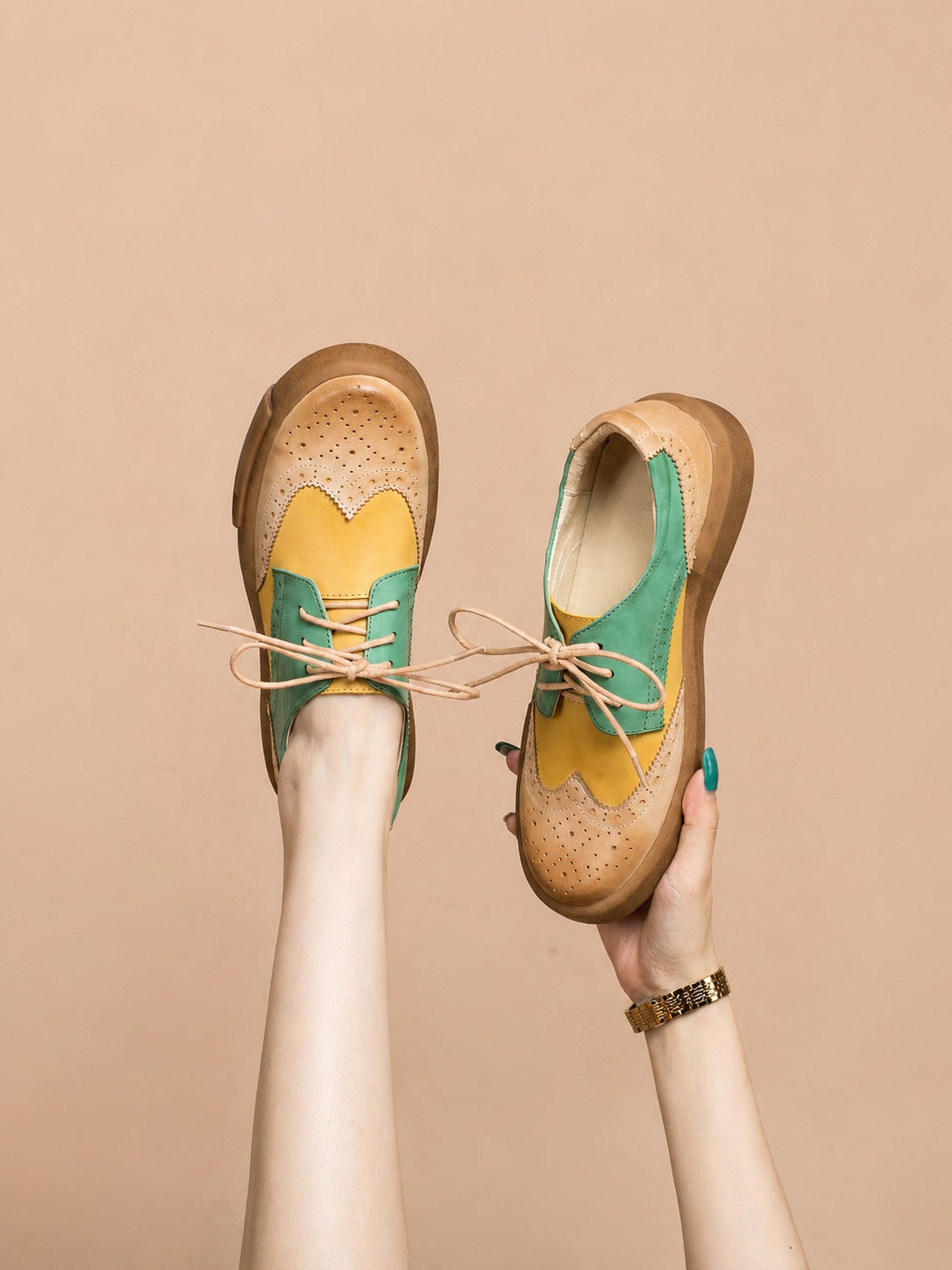 Dandy Block Beige Multi-Colour Leather Brogue Derby Shoes