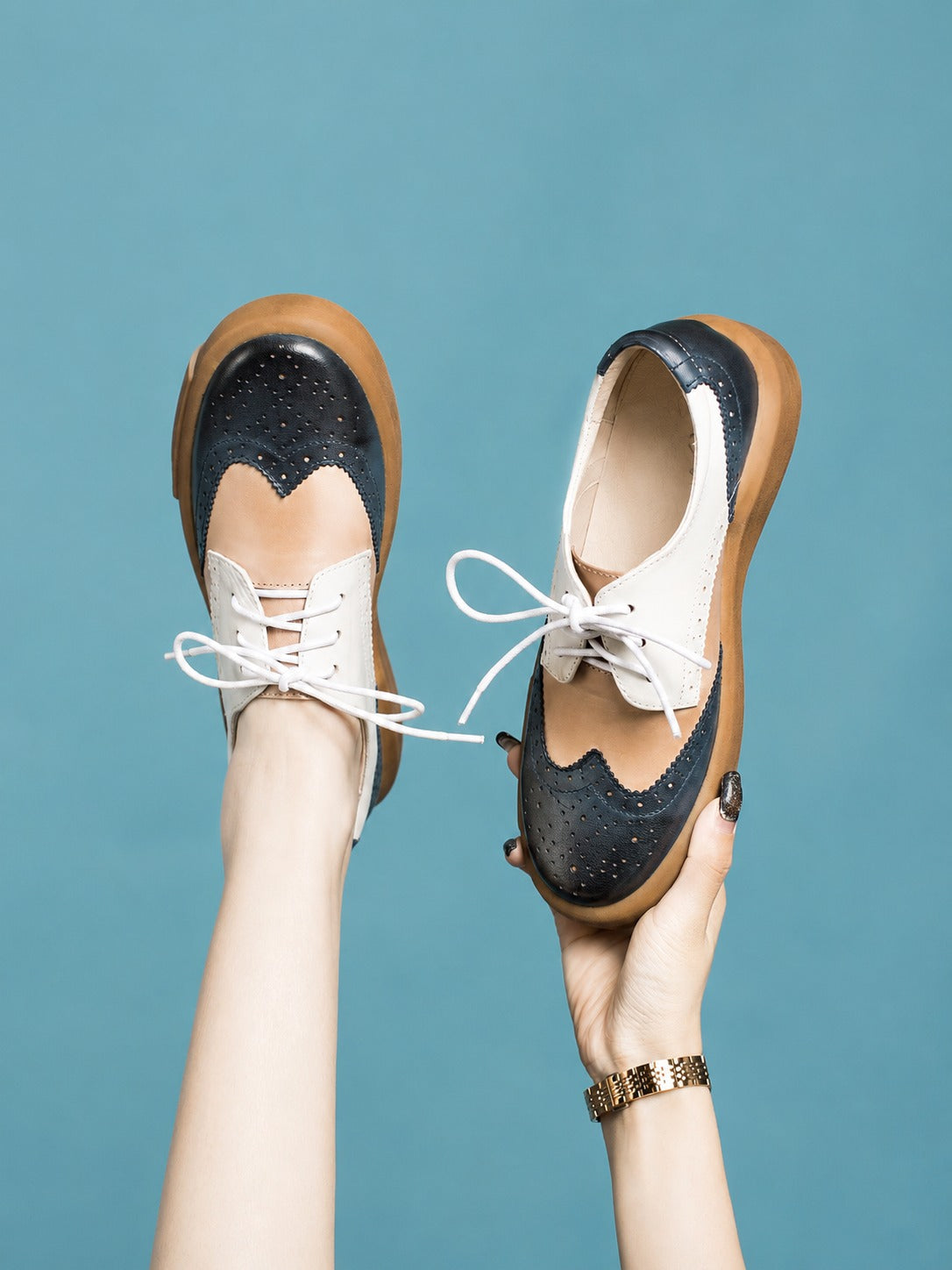 Dandy Block Black & White Leather Brogue Derby Shoes