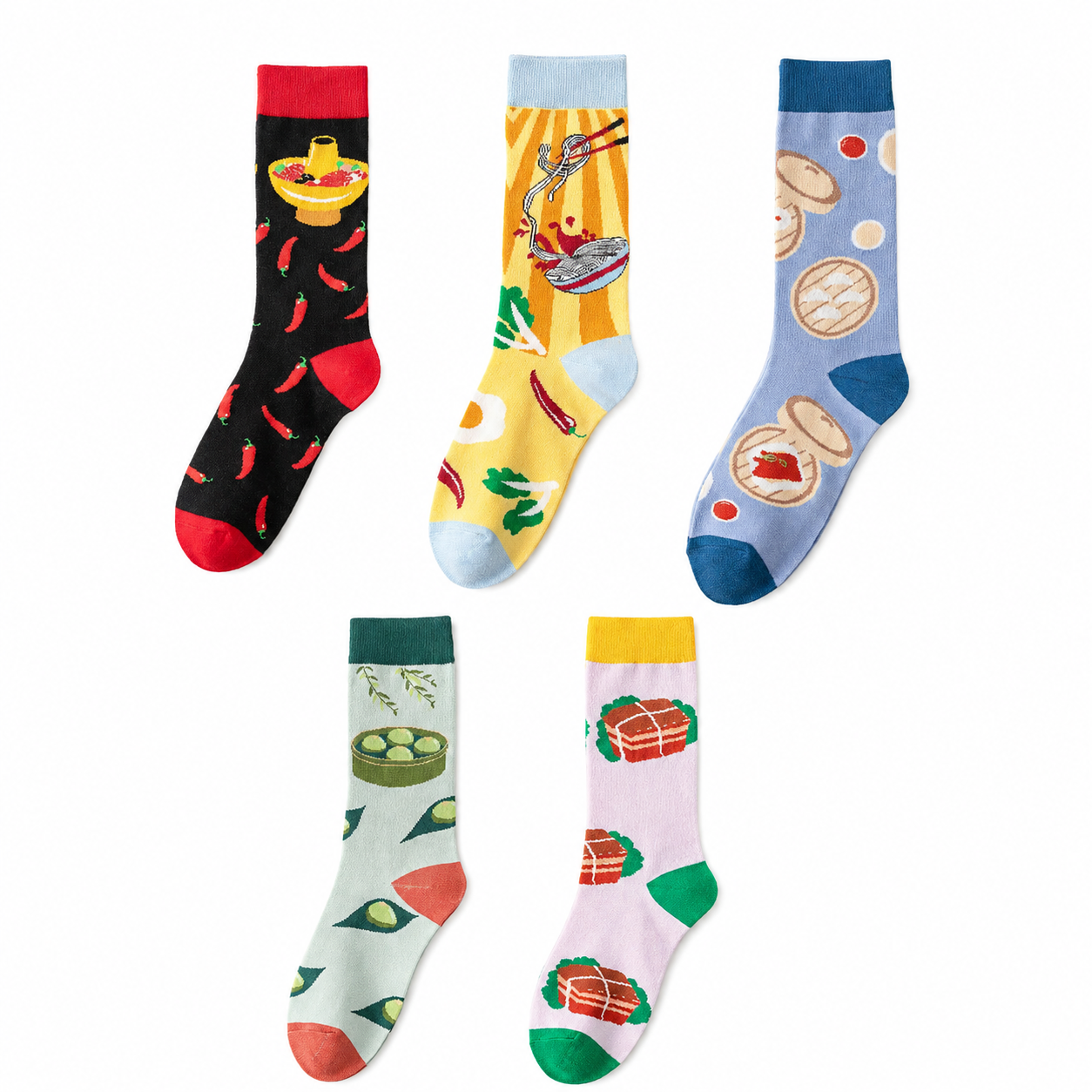 Women’s Ramen & Hot Pot Crew Socks – Funny Food Pattern Socks for Fall Winter