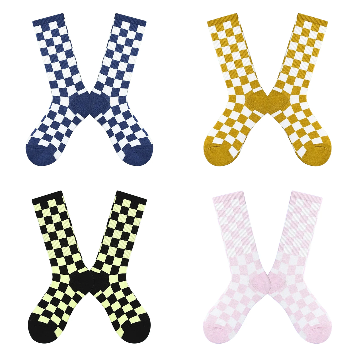 Women’s Monochrome Square Check Long Socks – Korean-Style Everyday Crew Socks