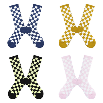 Women’s Monochrome Square Check Long Socks – Korean-Style Everyday Crew Socks