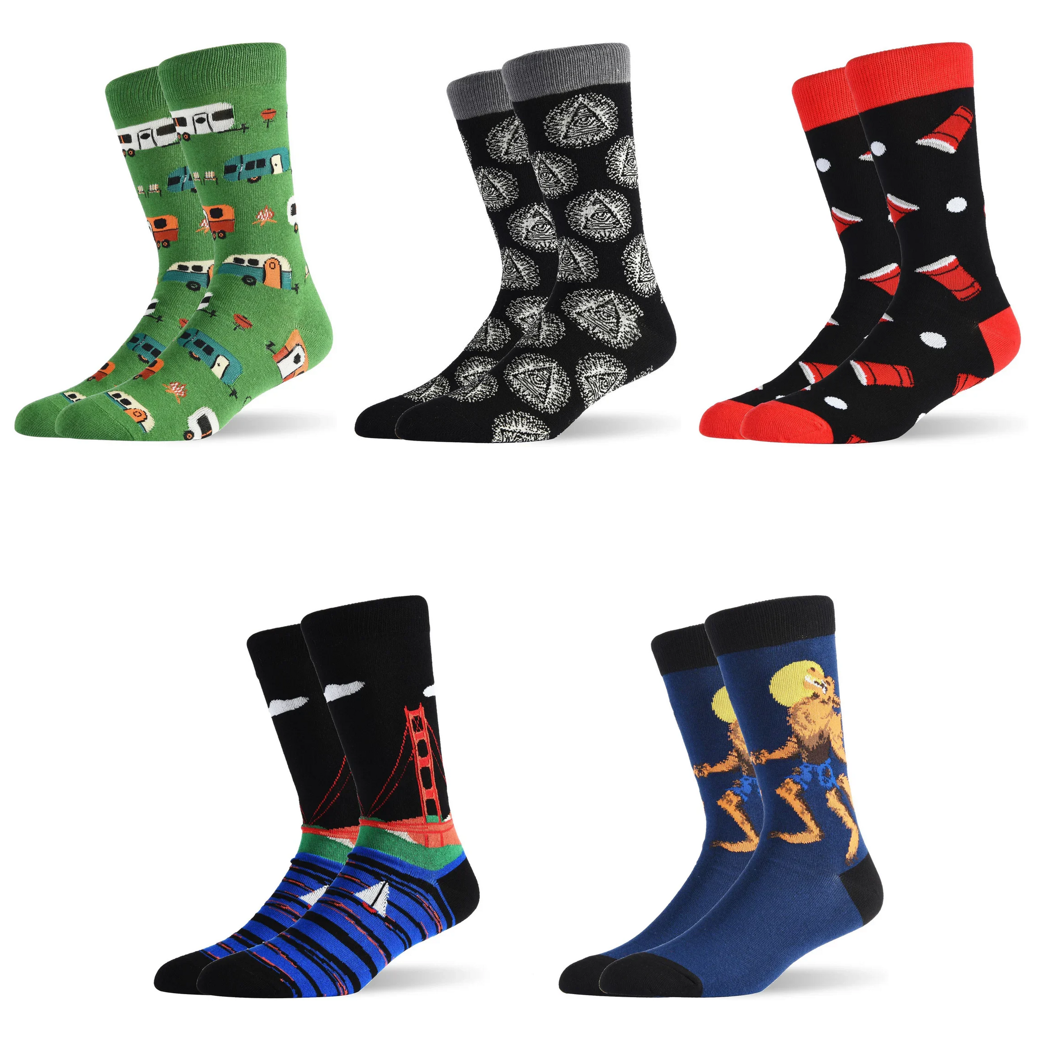 Men’s Shark & Mustache Crew Socks – Quirky Fall Winter Casual Socks